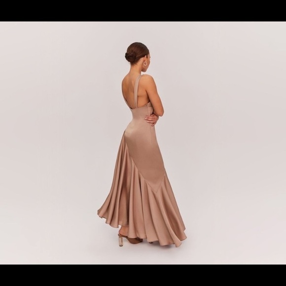 NWOT FAME AND PARTNERS Zephyra Matte Satin Asymmetrical Maxi Dress in Dark Tan - Picture 3 of 14